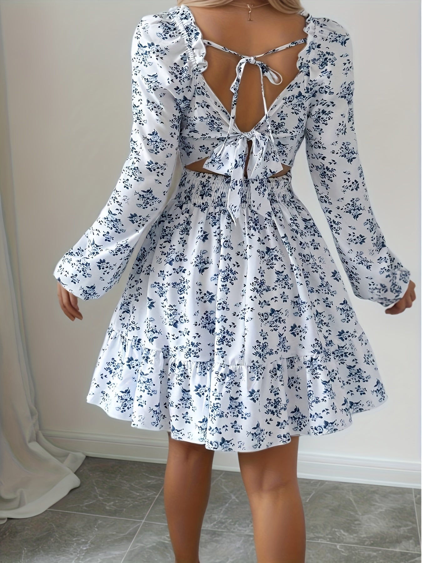 Women'S Sexy Elegant Square Neck Floral Print Long Sleeve Dress with Shirred Back Tie and Ruffle Detail, Polyester, All-Season Wear